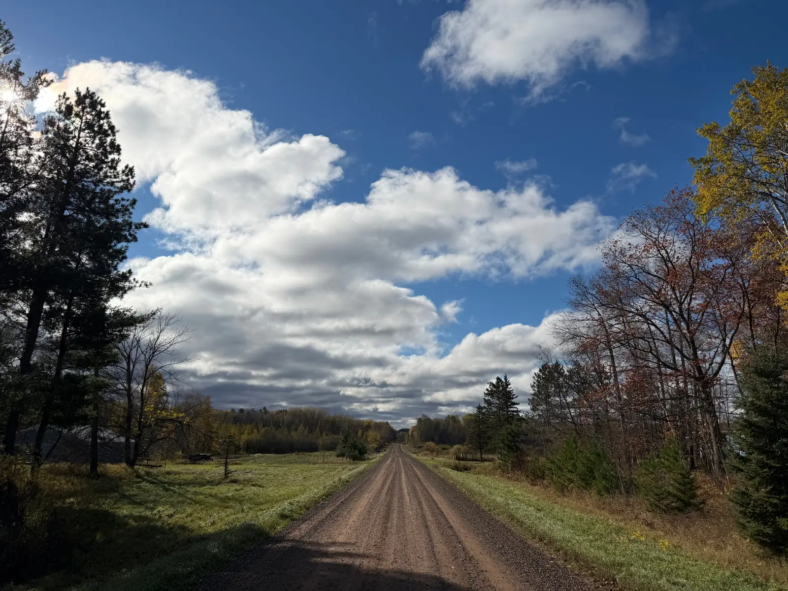 A gravel road stretching ahead under a big sky of clouds and fall trees